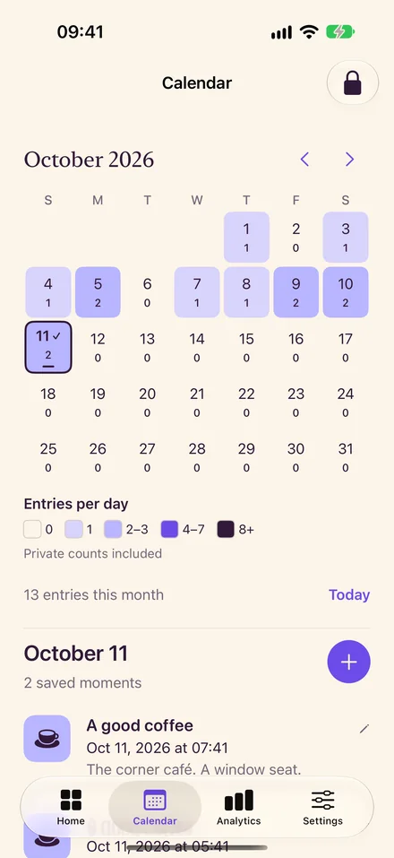 October calendar heatmap shows dated entry counts, a selected day, and entries with notes below.